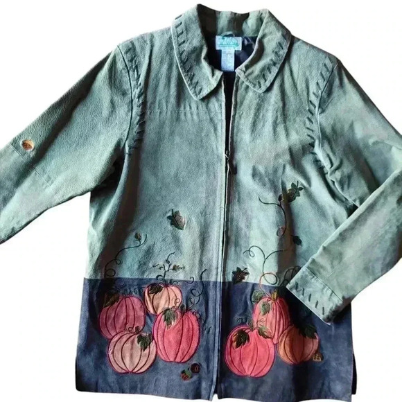 Suede Fall Autumn Leaves Pumpkin Embroidered Full Zip Leather Jacket - Picture 2 of 9